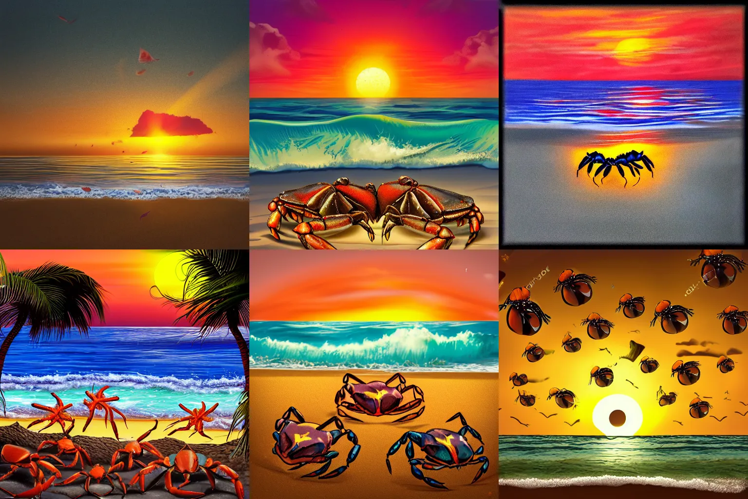 Prompt: many crabs raving on a beach. tropical sunset. hyperrealistic.