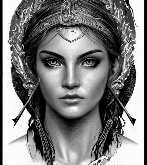 Image similar to beautiful aphrodite goddess wearing an arrow on her head, realistic face, beautiful eyes, black and white drawing, in the style of greg rutkowski, fantasy, amazing detail, epic, intricate, elegant, smooth, sharp focus