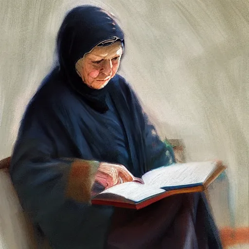 Image similar to a babushka reading a book, portrait, by wlop