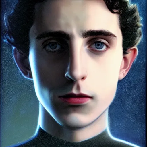 Image similar to realistic paul atreides emperor of the known universe, perfect dramatic and dark portrait by rabbitary b, trending on artstation, deviantart, dune, low angle oil painting and composition laws, dark foggy background, timothee chalamet but he is older, man with thin lines on the face, medium - long curly brown hair, completely blue eyes, denis villeneuve cinematography