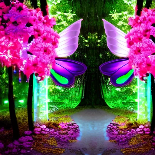 Image similar to neon fairy princess clothing store in a woodland grove, neon wings beautiful colorful pretty artistic 4 k artstation trending dramatic lighting realistic floral garden blooming flowers