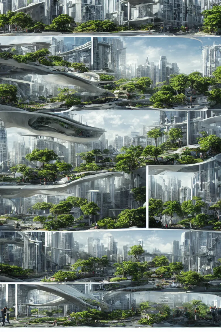 Image similar to 5 - panel comic page layout. crowd talking about sustainable futuristic building in a urban setting. ultrarealistic matte painting on white page. the building has many deep and tall balconies covered in plants and trees. thin random columns, large windows, deep overhangs. plants hang from balconies. greeble articulated details with plants. 8 k, uhd.