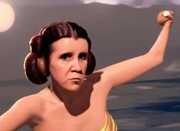 Image similar to glamour portrait of Princess Leia, played by Carrie Fischer, in thin bikini lightsaber training on beach planet, iconic scene from the 1980s film directed by George Lucas, cinematic lighting, hyper real, stunning cinematography, with anamorphic lenses, crisp, detailed portrait, 4k image