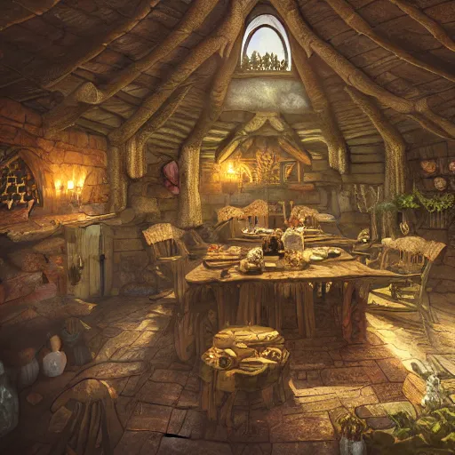 Prompt: a party inside a medieval hobbit house, ornate, beautiful, atmosphere, vibe, flowers, concept art illustration, color page, 4 k, tone mapping, doll, akihiko yoshida, james jean, andrei riabovitchev, marc simonetti, yoshitaka amano, digital illustration, greg rutowski, volumetric lighting, sunbeams, particles