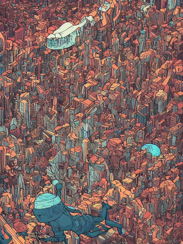 Prompt: line vector art of a not too crowded weird dream by James Jean and Dan Mumford and Strongstufftom and Adi Granov