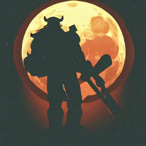 Prompt: a lumberjack in the style of Hellboy at night against the moon