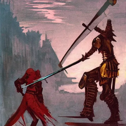 Image similar to Crying knight impaling comrade with sword in the style of Jeffrey Catherine Jones