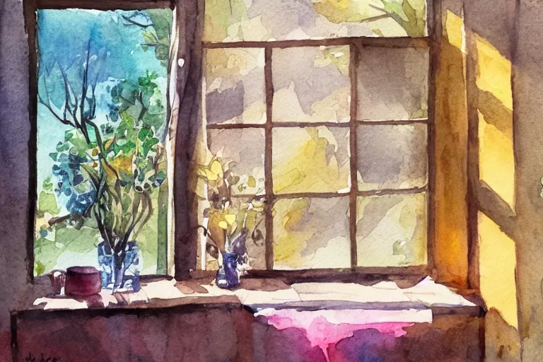 Image similar to rays of the morning sun shining through the window of the village house. very beautiful, clear sky, warm shiny colors, watercolor drawing