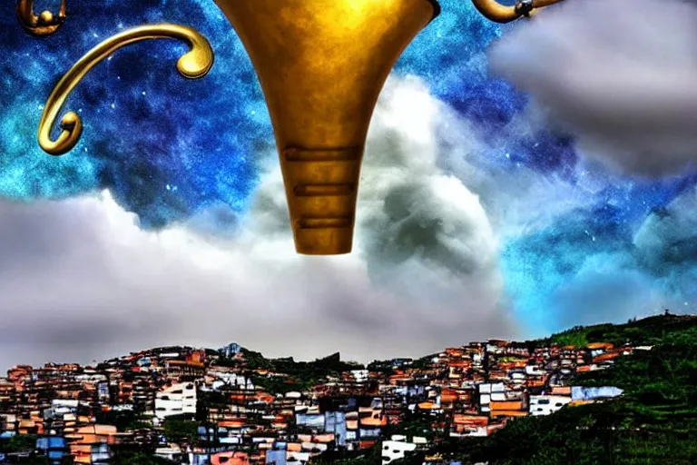 Prompt: favela tuba cloud sculpture, art nouveau environment, sunny, milky way, award winning art, epic dreamlike fantasy landscape, ultra realistic,