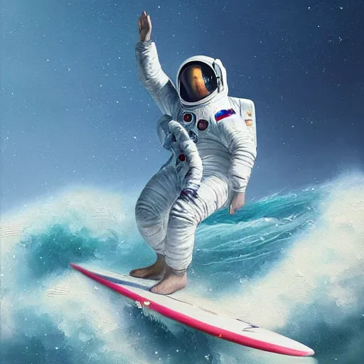 Prompt: a beautiful painting of an astronaut in a white space suit surfing the great wave on a surfboard by greg rutkowski, impasto oil painting, trending on artstation, intricate, octane render