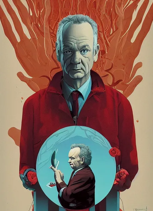 Image similar to poster artwork by Michael Whelan and Tomer Hanuka, Karol Bak Bill Murray the content judge, from scene from Twin Peaks, clean