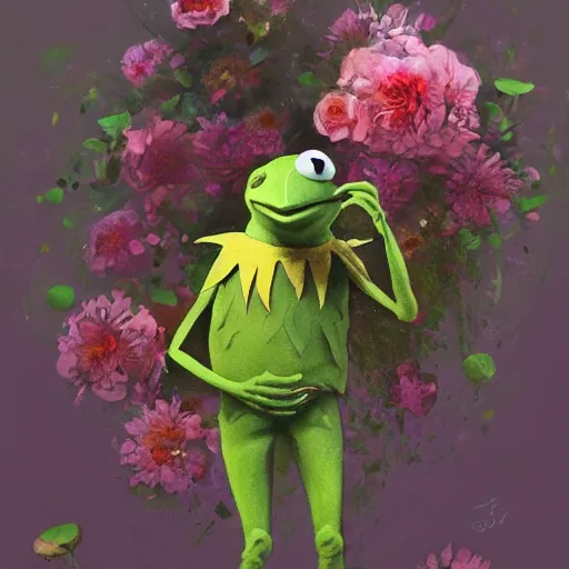 Image similar to painting of kermit the frog dressed with flowers, illustration, artistic, colorful, hyper detailed, in the style of Greg Rutkowski