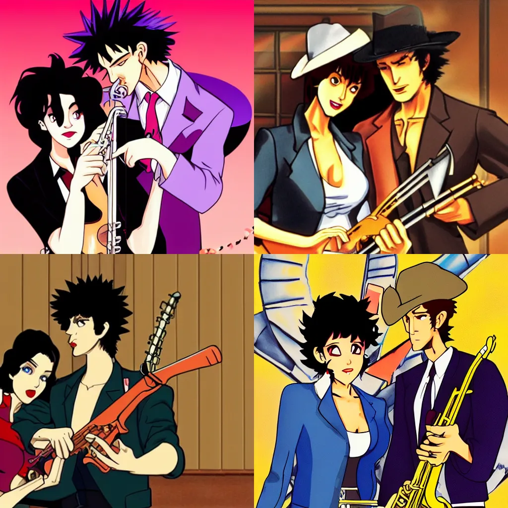 Prompt: spike spiegel and faye valentine in cowboy beebop playing jazz instruments