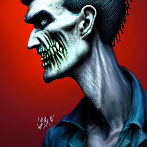 Image similar to head portrait of a slim zombie version of morrissey with a quiff hairstyle, 7 days to die zombie, fine art, award winning, intricate, elegant, sharp focus, cinematic lighting, rimlight, digital painting, 8 k concept art, art by z. w. gu, art by brom, art by michael hussar, 8 k