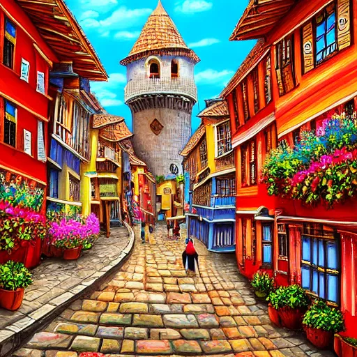 Prompt: a digital painting of a walled city, vibrant colors, ultra detailed, medieval, fantasy