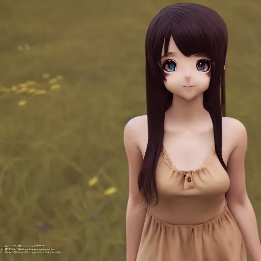 Image similar to Render of a very beautiful 3d anime cat girl, long hair, hazel eyes, cute freckles, full round face, short smile, cute sundress, golden hour, serene beach setting, medium shot, mid-shot, highly detailed, trending on Artstation, Unreal Engine 4k