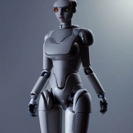 Image similar to Epic masterpiece of a female android robot inspired by ghost in the shell, full body shot, 8k, iridescant colors.