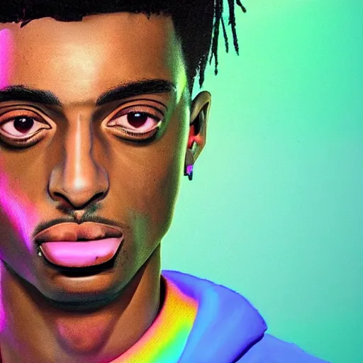 Image similar to playboi carti, photorealistic, hyper realistic, very detailed, detailed face, full body shot, 8 k, hd, neon colors, over saturated colors, wok, cluttered background with hype things, rainbows,