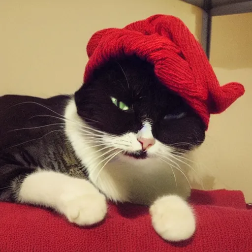 Image similar to A photo of a cat with red eyes smoking weed and wearing a beanie