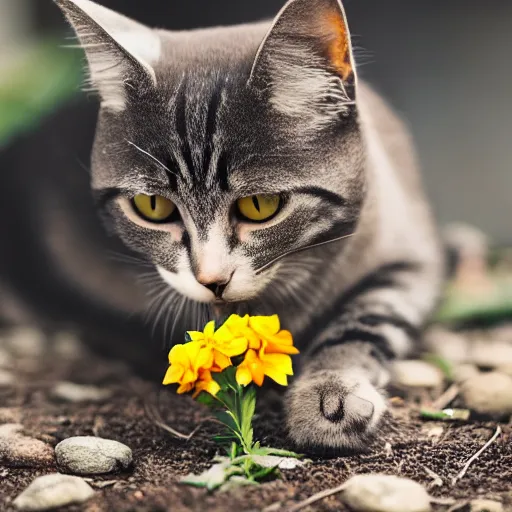 Prompt: Cat eating a flower on a flowerbed, 40nm, shallow depth of field, split lighting, 4k,