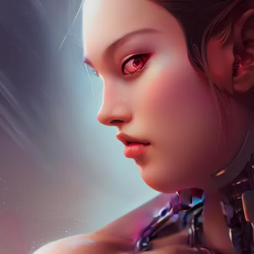 Image similar to portrait of beautiful girl with robot body by artgerm and fenghua zhong, close up, portrait, cinematic, elegant, artstation, intricate, highly detailed, digital painting, artstation, concept art, sharp focus, illustration, cyberpunk, cgsociety, 8 k