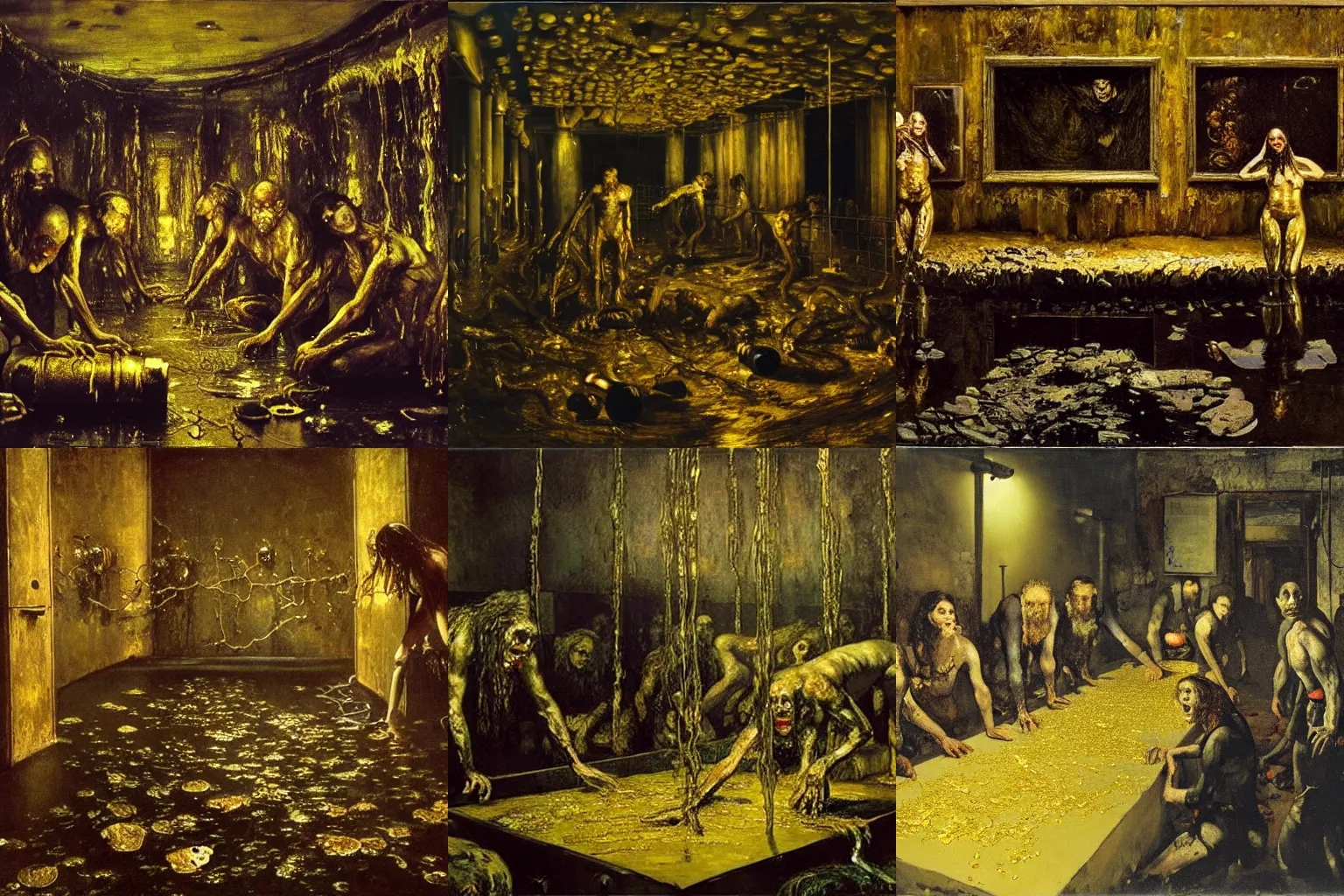 Image similar to realistic Courbet painting of a dark sci-fi laboratory at night, zombiewalking dressed in rags made of guts and veins dripping golden shiny metalic fluid from ribcage to the floor. liquid shiny pool of gold on the floor.