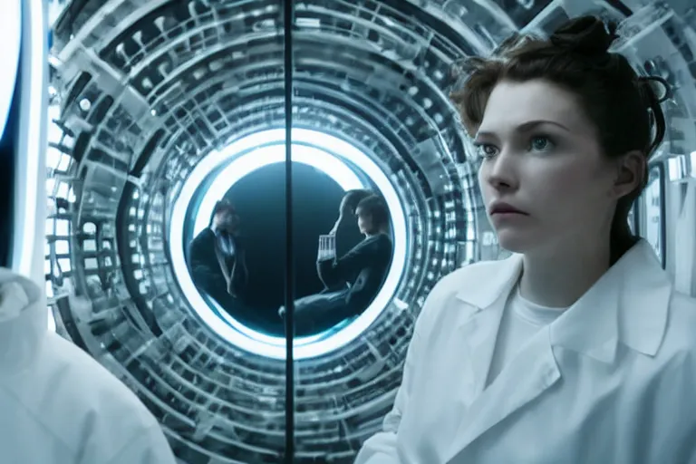 Image similar to movie closeup polar opposites, couple, researchers in a futuristic lab building inter dimensional portal machine, beautiful skin, Symmetrical faces. Beautiful lighting by Emmanuel Lubezki