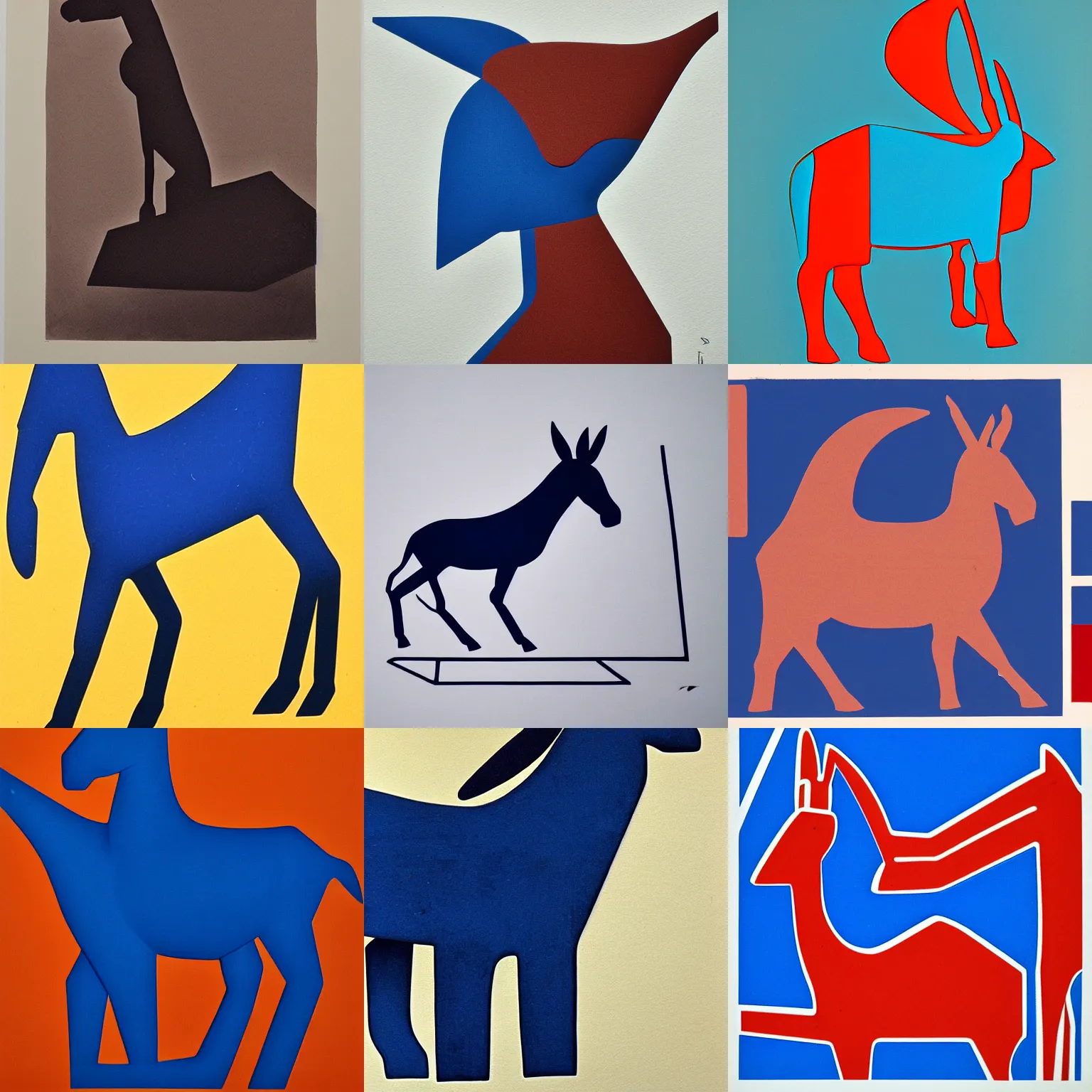 Prompt: lithograph of cycladic!! sculpture!! of a donkey!!!!!, duotone, simplified, silhouette!!, solid colors, iconic, side view, full body, ultramarine blue and red iron oxide