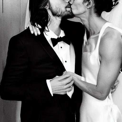 Prompt: close up wedding photo of jared leto dressed in a white tuxedo kissing himself dressed in a wedding gown with an older jared leto dressed as a preacher standing in the background