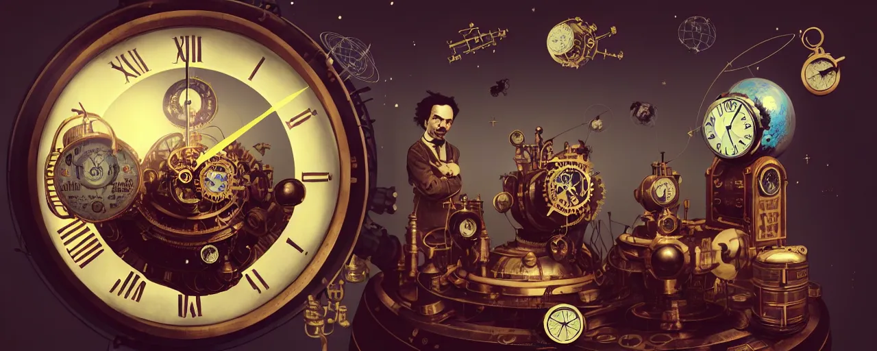 Image similar to duotone steampunk illustration 3 / 4 portrait of albert einstein measuring time on vintage steampunk clock in outer space. golden ratio accidental renaissance. by sachin teng and sergey kolesov and ruan jia and heng z. graffiti art, scifi, fantasy, hyper detailed. octane render. concept art. trending on artstation