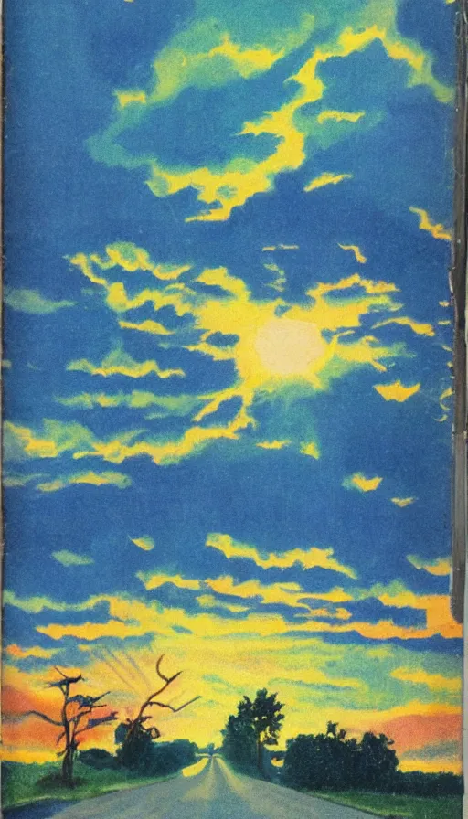 Prompt: paperback book cover. 1 9 5 0 s. pure colors, melting clouds, accurately drawn details, a sunburst above a receding road with the light reflected in furrows and ruts, after rain. and no girls.