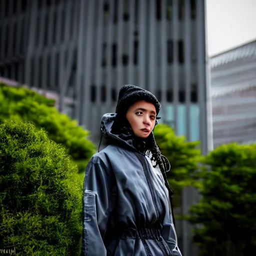 Prompt: candid photographic portrait of a poor techwear mixed young woman smoking inside a dystopian city, closeup, beautiful garden terraces in the background, sigma 85mm f/1.4, 4k, depth of field, high resolution, 4k, 8k, hd, full color