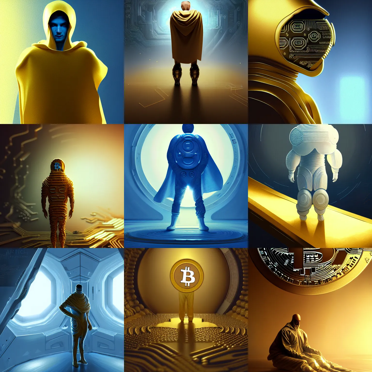 Prompt: detailed art of bitcoin in poop, benevolent, scifi, futuristic, elegant cape, intelligent man, alien room background, white, blue, gold, trending on artstation, soft light, holy machine, advanced technology, art by vitaly bulgarov and nivanh chanthara, craig mullins