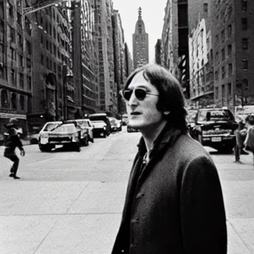 Prompt: John Lennon walking down a street in new York, hyper realistic, HD, HQ, photo realistic