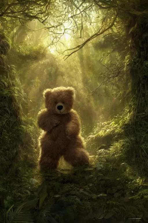 Image similar to mean fluffy teddybear protecting girl in a forest with rays of light coming through the canopy, masterpiece, dystopian, sci-fi, extremely detailed, digital painting, sculpted in zbrush, artstation, concept art, smooth, sharp focus, illustration, chiaroscuro lighting, golden ratio, incredible art, artgerm, greg rutkowski, alphonse mucha, simon stalenhag, carravaggio