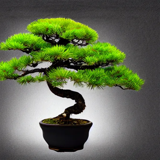 Prompt: bonsai tree, cyprus, in a black pot with white background, viewed from 35 degrees, detailed matte painting