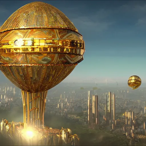 Image similar to enormous flying city in a faberge egg, sky, steampunk, fantasy art, masterpiece, unreal engine