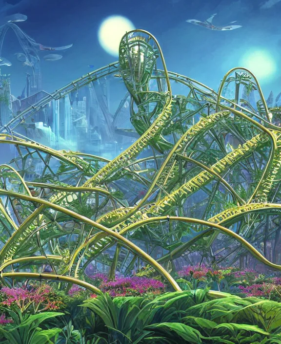 Prompt: simplicity, elegance, a roller coaster building made out of bizarre organic creatures, in the style of a streamlined asymmetrical spaceship, overgrown with flowers, sun - drenched environment, by dan mumford, yusuke murata, makoto shinkai, ross tran, cinematic, unreal engine, cel shaded, featured on artstation, pixiv