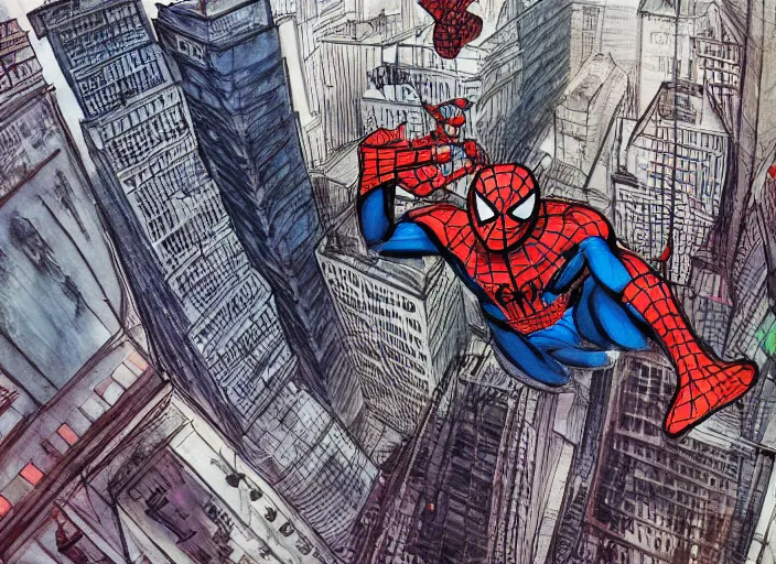 Prompt: two - point perspective landscape of spiderman swinging across manhattan, trending on art station, by kim jung gi, paul heaston, water color, vibrant lighting