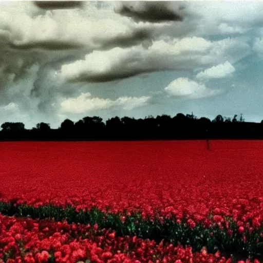 Image similar to A evil red clouds over a large flower field, eerie, 1970s photo, scary vibes