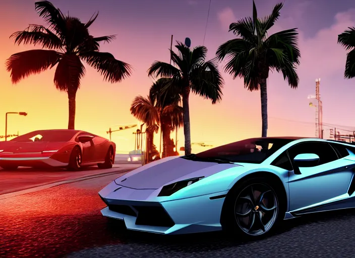 Prompt: still next - gen ps 5 game grand theft auto 6 2 0 2 4 remaster, graphics mods, rain, red sunset, people, rtx reflections, gta vi, miami, palms and miami buildings, photorealistic screenshot, unreal engine, 4 k, 5 0 mm bokeh, close - up lamborghini aventador, gta vice city remastered, artstation