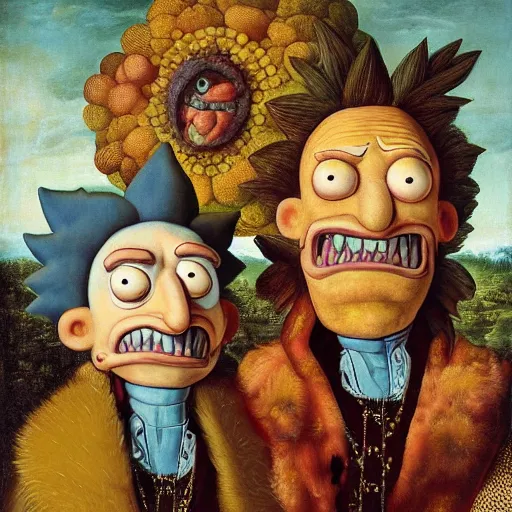 Image similar to a portrait of rick sanchez and morty smith from rick and morty by giuseppe arcimboldo