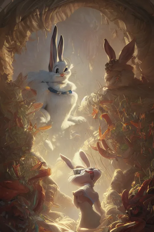 Prompt: cinematic stills of bugs bunny, deep focus, d & d, fantasy, intricate, elegant, highly detailed, digital painting, artstation, concept art, matte, sharp focus, illustration, hearthstone, art by artgerm and greg rutkowski and alphonse mucha