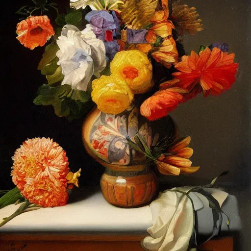 Prompt: A still life painting of a vase of flowers, with a bright and colorful palette, by Dutch artist Jan van Huysum