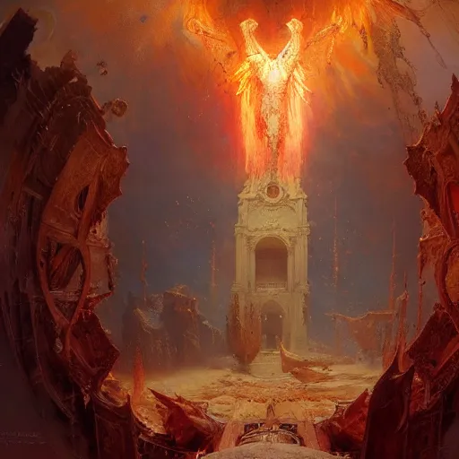 Image similar to a chapel's ceiling is broken in half as a red magical portal from hell opens up there. highly detailed painting by gaston bussiere, greg rutkowski, craig mullins 8 k