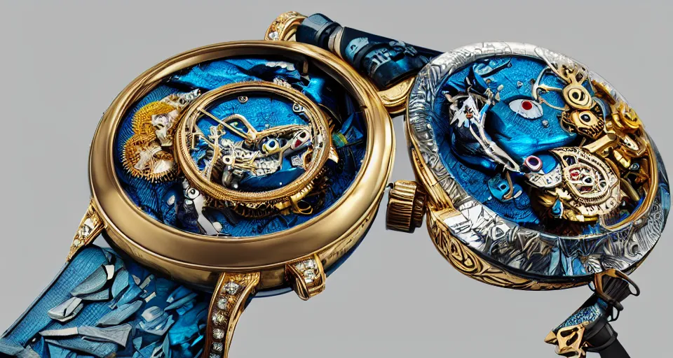 Image similar to a steampunk sleek, jewelled, tropical bird repeater watch by Jaquet Droz, highly detailed illustration highlights, gold and silver highlights, neon blue highlights, macro photography, F/2.8, trending on artstation, octane render