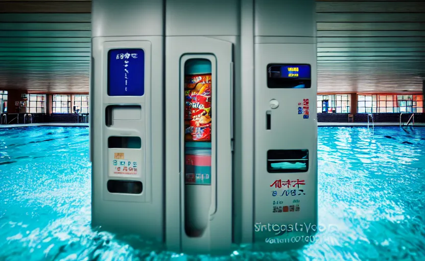 Image similar to photograph of Japanese vending machine submerged in a public pool, one point perspective, 1-point perspective, tilt shift, sigma 85mm f/1.4, 4k, depth of field, high resolution, 4k, 8k, hd, full color