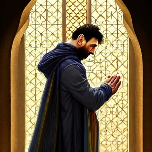 Image similar to lionel messi praying in a mosque, d & d style, fantasy, intricate, elegant, highly detailed, digital painting, artstation, concept art, matte, sharp focus, illustration, art by artgerm and greg rutkowski and alphonse mucha