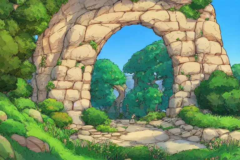 Image similar to natural stone arches with bushes, sunny day, long shot, digital art, in the style of studio ghibli, vivid colors, highly detailed, 8 k, establishing shot, smooth, trending on artstation, illustration, flat colors