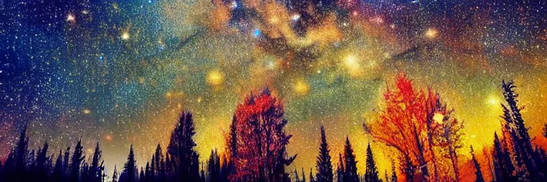 Image similar to beautiful trees, colorful stars and galaxies, trending on artstation, hd photography